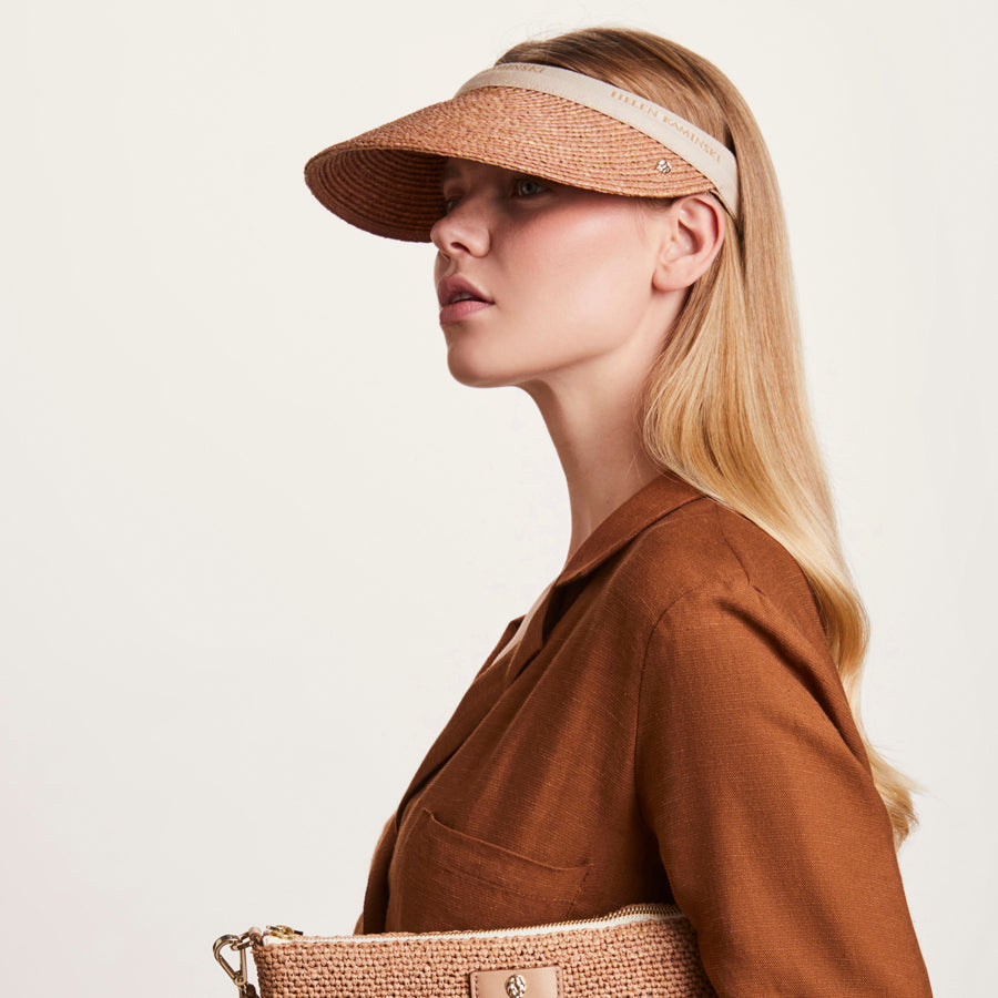 Bianca Raffia Visor in Nougat Natural Logo Helen Kaminski AU